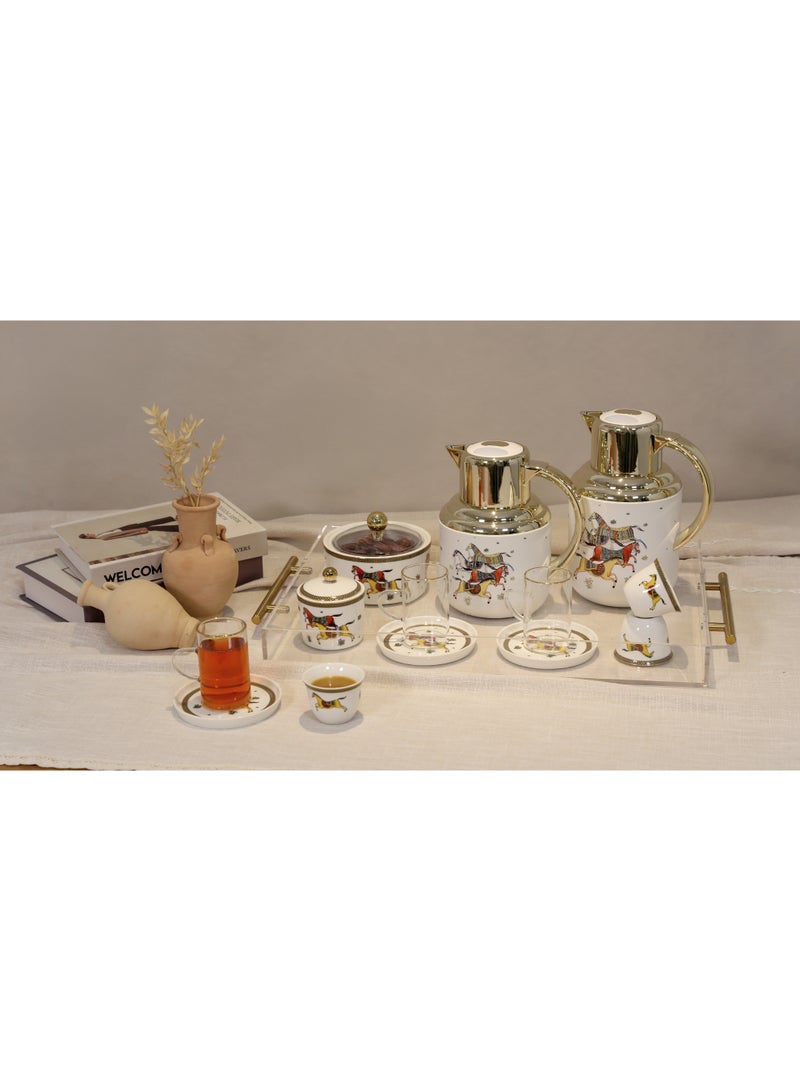 طقم شاي وقهوة 24 قطعة من ريجال باي ريبل – 2 ترمس حراري (0.5 لتر + 1 لتر) مع أكواب وصحون وسكرية ووعاء تمر – أبيض بلمسات أسود فخم